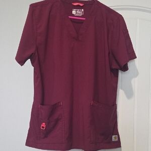 Carhartt Women's V-Neck Scrub Top in Burgundy with Pink Accent